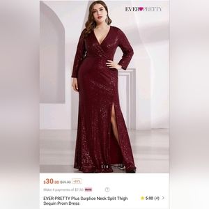 EVER- PRETTY Surplice Neck Split Thigh Sequin Formal Prom Red Zipper Back Dress